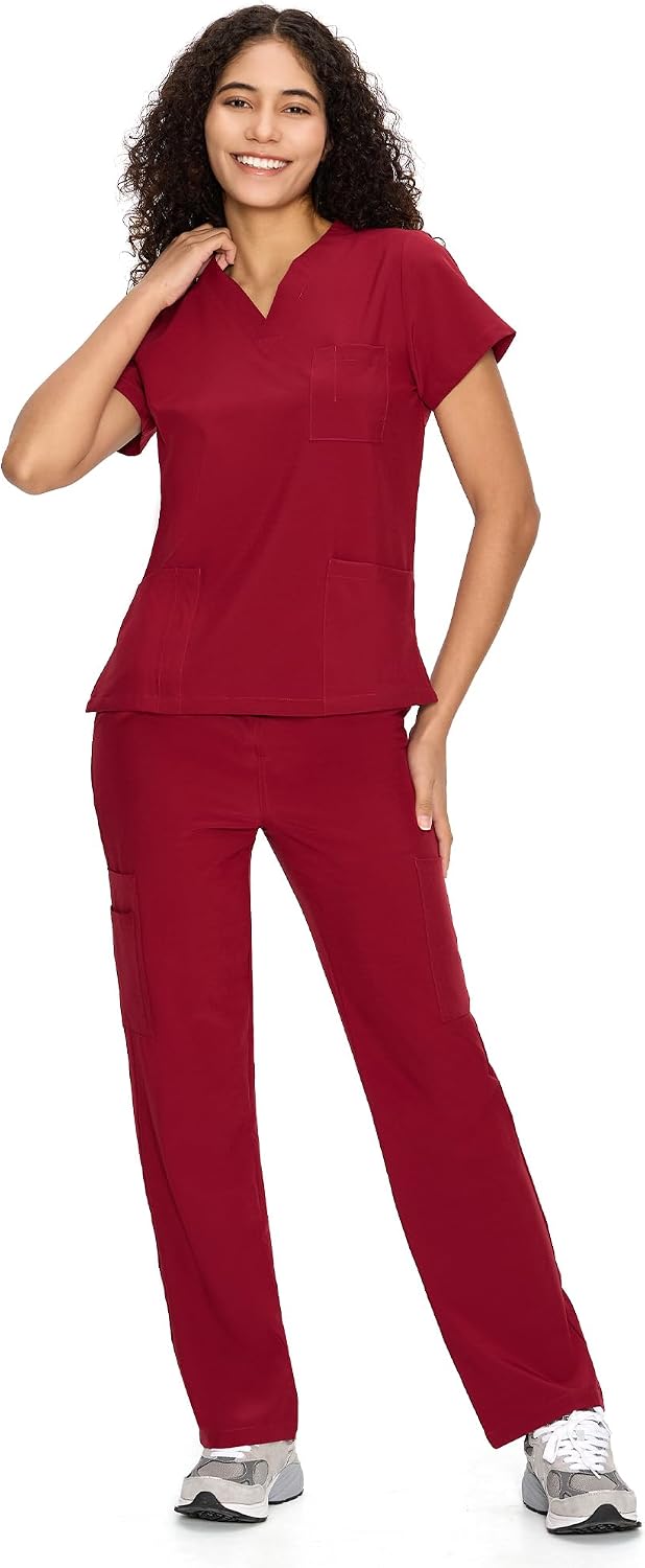 COZYFIT Scrubs for Women Set - V-Neck & Straight Leg Pants with 9 Pockets