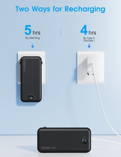 citicr Portable Charger 10000mAh PD20W w/Built-in Cables & Wall Plug White