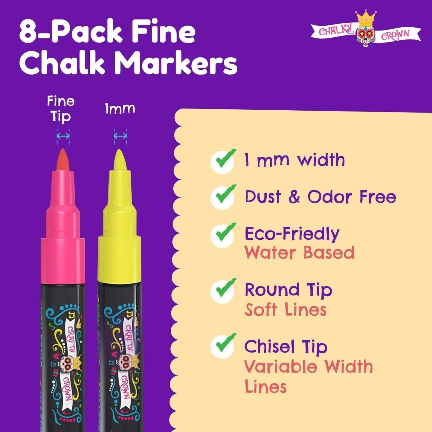 CHALKY CROWN Liquid Chalk Markers - Bold Chalkboard Markers - 8 Pack, 6mm