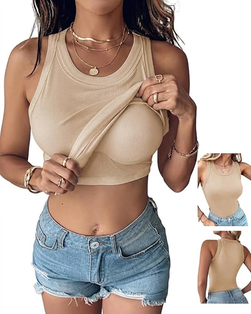 CHICME Women Built-in Bra Tank Tops Sleeveless Racerback Ribbed Fitted Tops