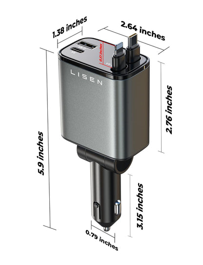 LISEN Retractable Car Charger, 84W Car Charger USB C Fast Charge, 4 in 1