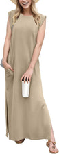 GRECERELLE 2026 Women Year-Round Casual Round Neck Loose Split Wrinkle-Free Long Maxi Vacation Dress with Pockets (XXS-4XL)