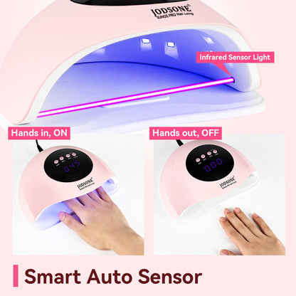 JODSONE U V LED Nail Lamp with Base Coat Top Coat Set, Nail Dryer for Gel Polish for Nails with Automatic Sensor & 4 Timers