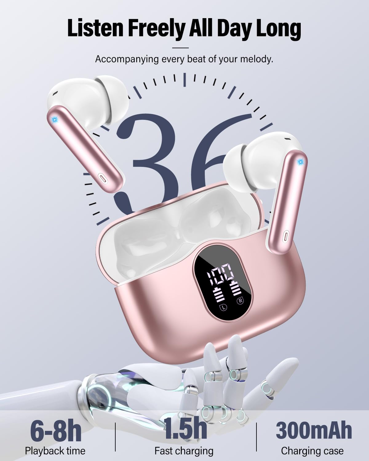 Wireless Earbuds, Bluetooth 5.4 Headphones Bass Stereo/Clear Calls, Black