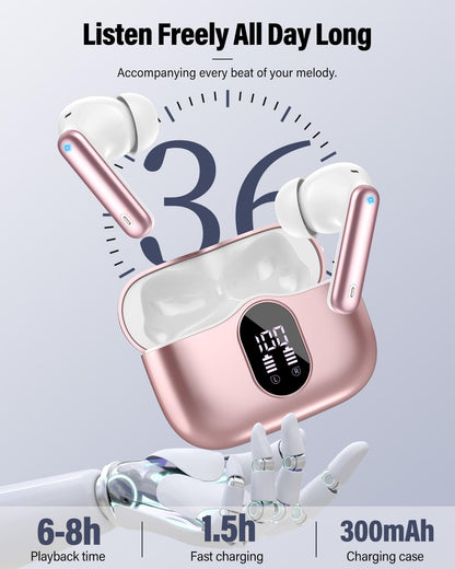 Wireless Earbuds, Bluetooth 5.4 Headphones Bass Stereo/Clear Calls, Black