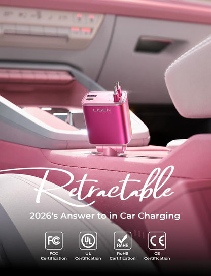 LISEN Retractable Car Charger, 84W Car Charger USB C Fast Charge, 4 in 1