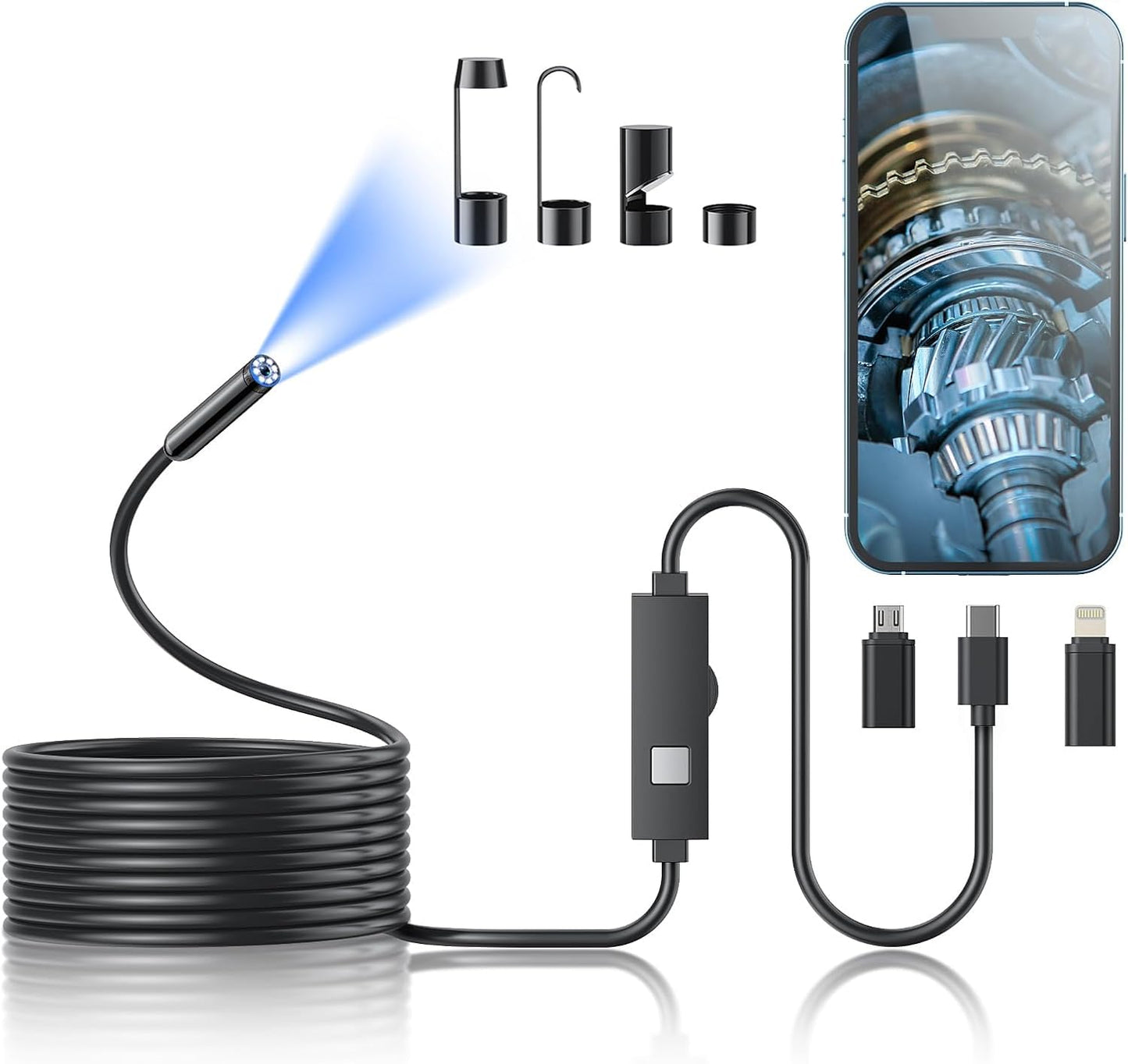 Kinpthy Endoscope Camera with Light,1920P HD Borescope Tools with 8 Adjustable LED Lights, Endoscope with Semi-Rigid Snake Camera, Inspection Borescope for iOS and Android-16.4ft Single Lens