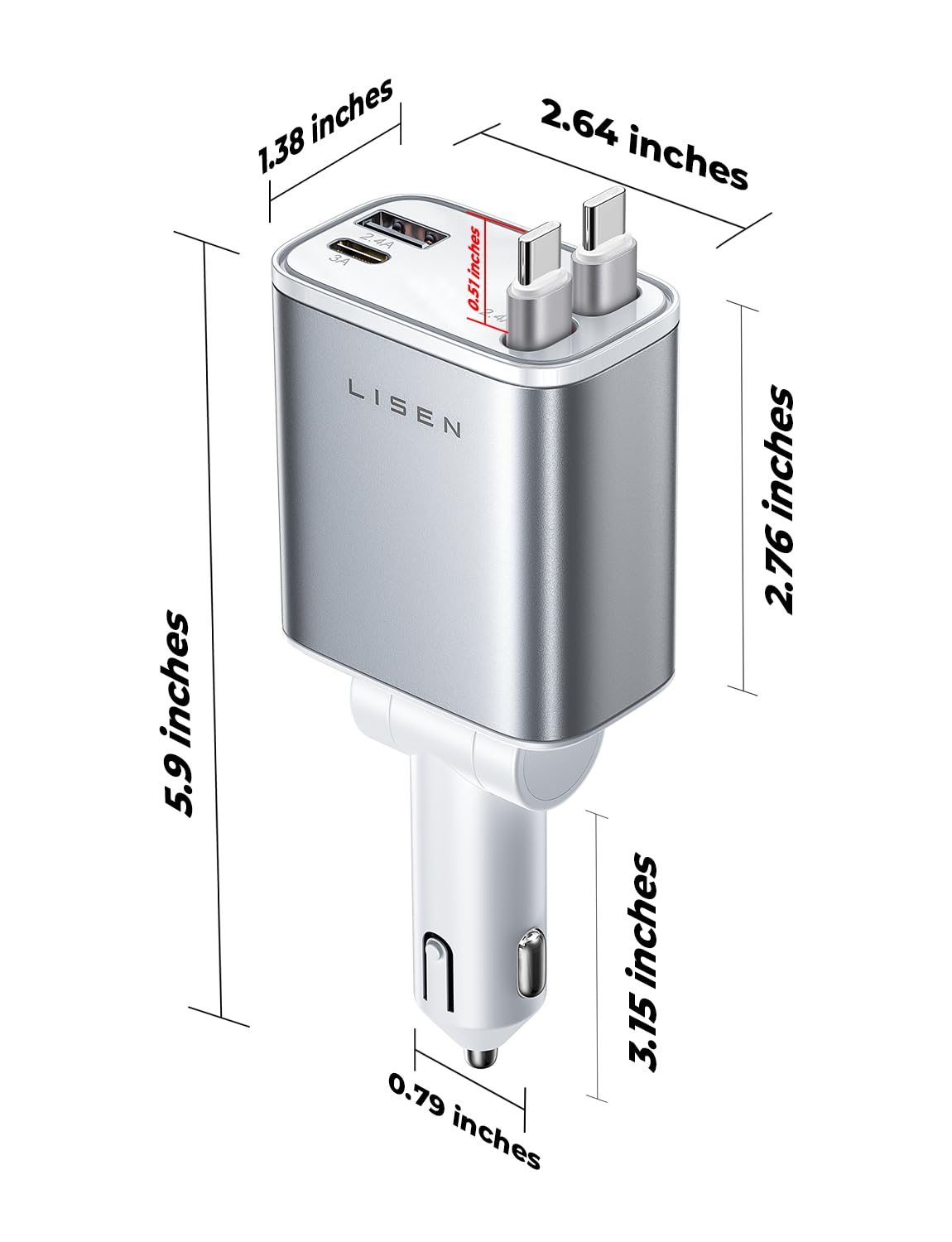 LISEN 72W Retractable Car Charger Ultra-Compact USBC Fast Car Charger