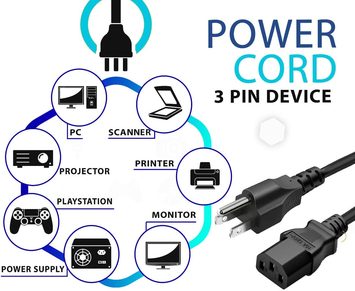 3 Prong AC Power Cord 10ft Long Standard | 125V-250V | for Computer, Monitor, TV, Printer, Power Supply PSU Electric Cable Replacement Power Cord