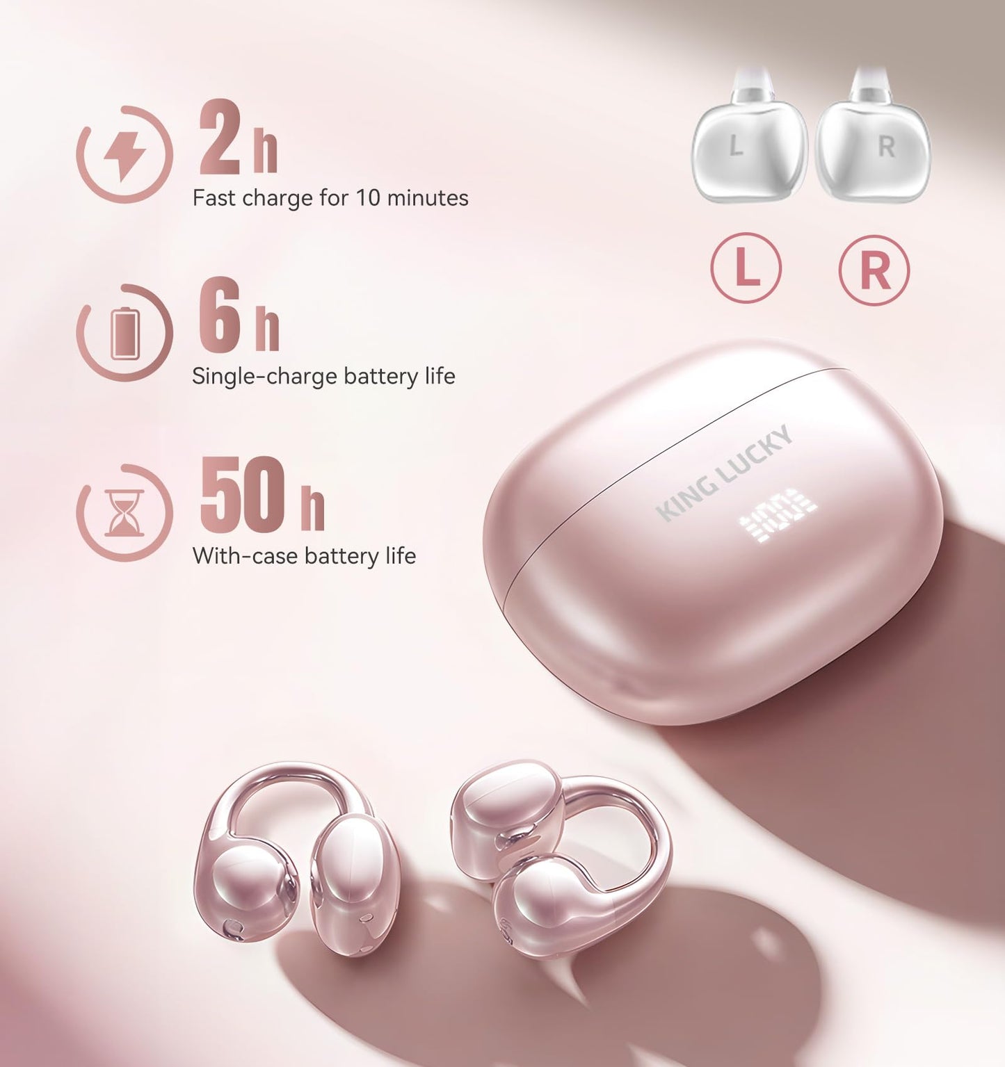 King Lucky Clip-On Earbuds Gen 3, Open-Ear Wireless Bluetooth 6.0 Headphones with Mic, Secure Fit for Small Ears & Glasses Wearers, 50H Playtime, ENC, IPX5 Waterproof Sport Ear Buds (Purple)