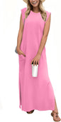 GRECERELLE 2026 Women Year-Round Casual Round Neck Loose Split Wrinkle-Free Long Maxi Vacation Dress with Pockets (XXS-4XL)