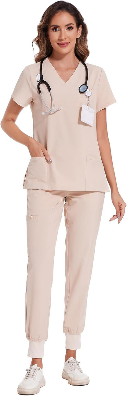 COZYFIT Scrubs for Women Set - Stretch V-Neck & Jogger Pant with 9 Pockets