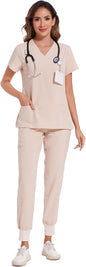 COZYFIT Scrubs for Women Set - Stretch V-Neck & Jogger Pant with 9 Pockets
