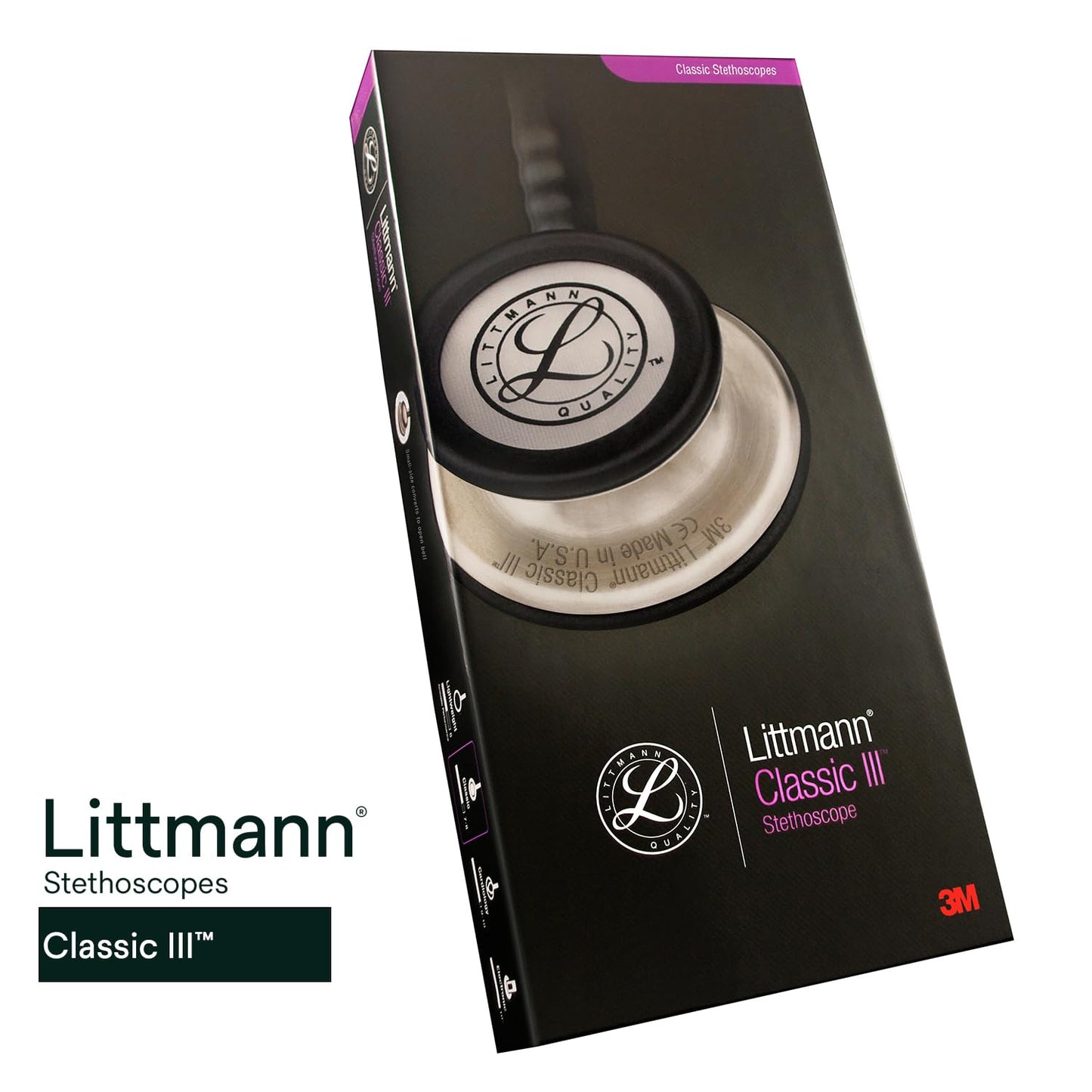 3M Littmann Classic III Monitoring Stethoscope, 5803, More Than 2X as Loud, Weighs Less, Stainless Steel Black-Finish Chestpiece, 27" Black Tube, Stem and Headset