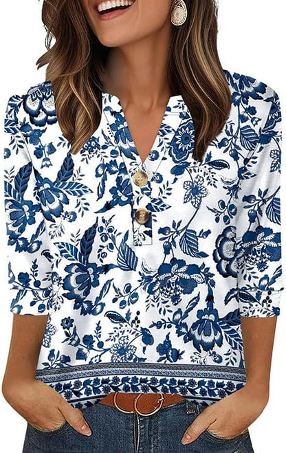 OFEEFAN Womens Tops 3/4 Sleeve Henley Shirts for Women Summer Outfits Fashion Clothing