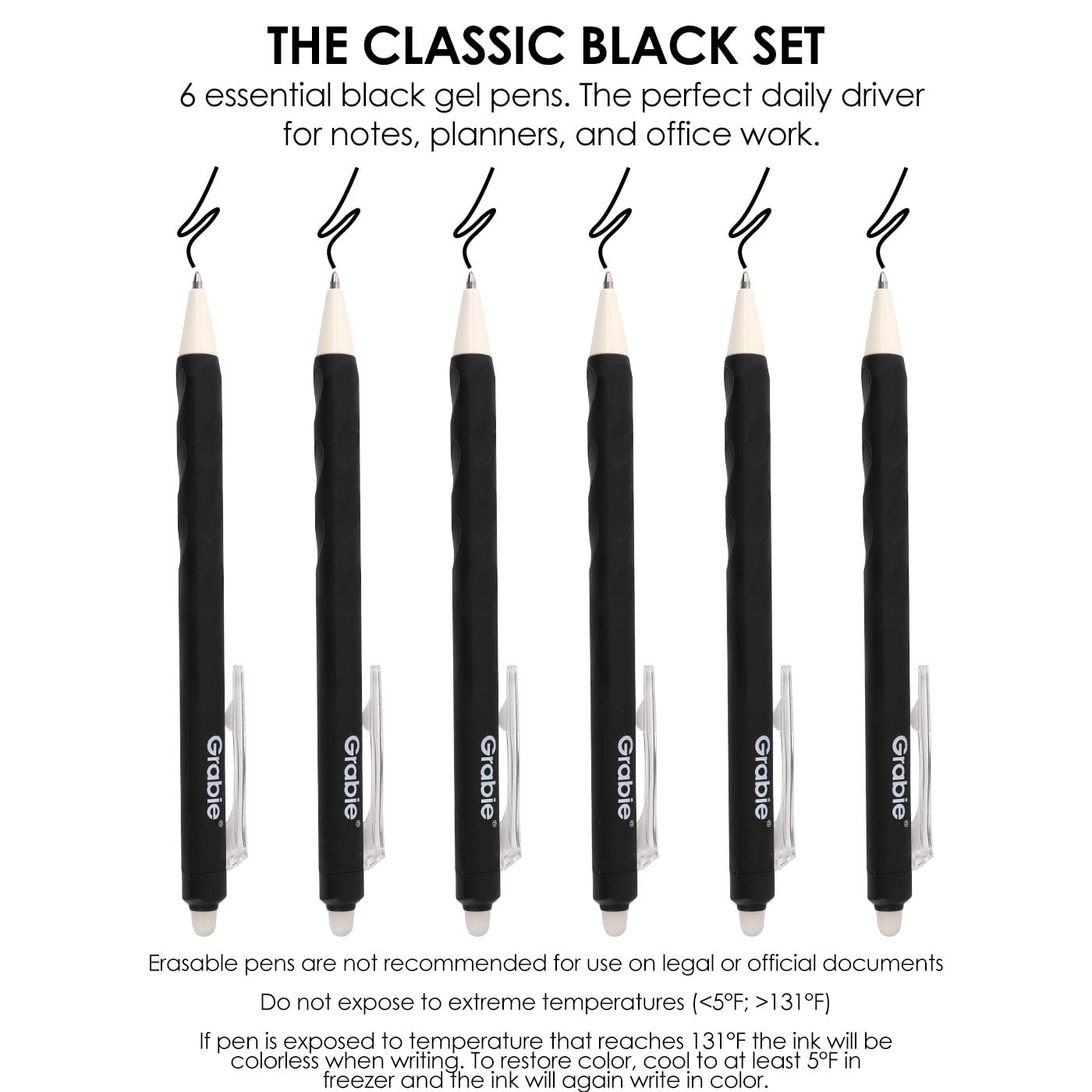 Grabie Erasable Gel Pens, 9 Medium Point 0.7 mm Pens, Classic