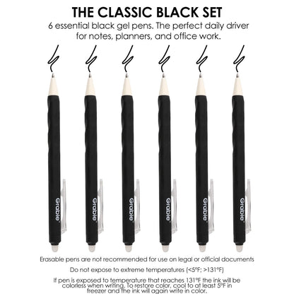 Grabie Erasable Gel Pens, 9 Medium Point 0.7 mm Pens, Classic