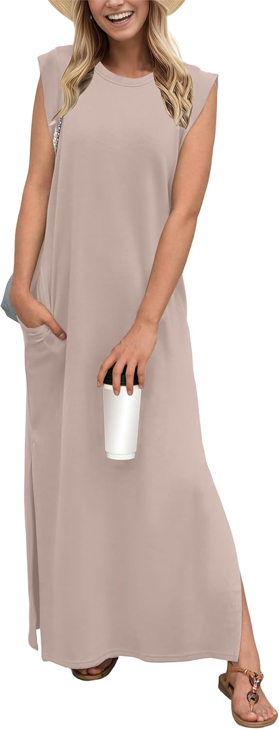 GRECERELLE 2026 Women Year-Round Casual Round Neck Loose Split Wrinkle-Free Long Maxi Vacation Dress with Pockets (XXS-4XL)