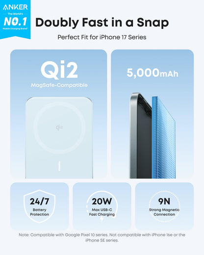 Anker Nano Magnetic Power Bank, 5,000mAh Qi2-Certified 15W Portable Charger