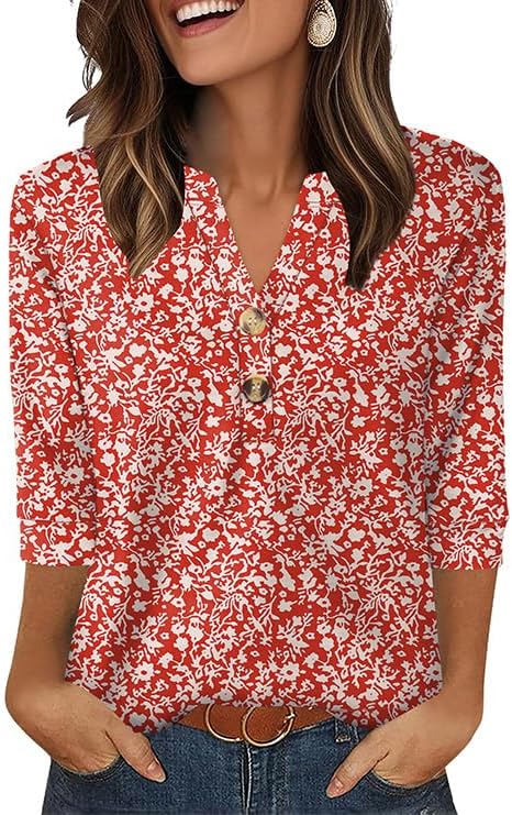 OFEEFAN Womens Tops 3/4 Sleeve Henley Shirts for Women Summer Outfits Fashion Clothing