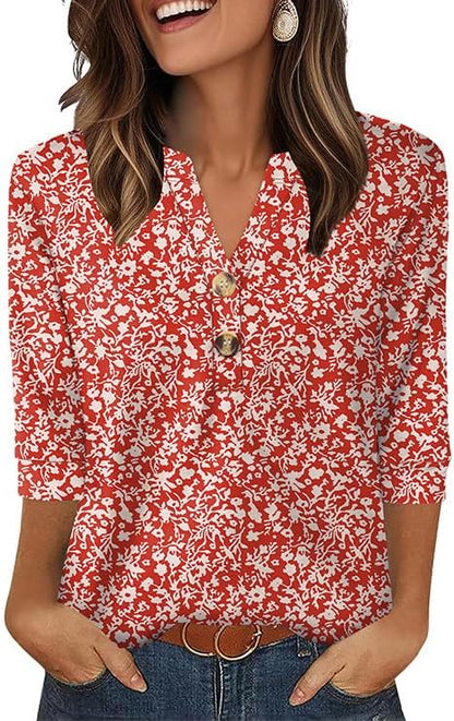 OFEEFAN Womens Tops 3/4 Sleeve Henley Shirts for Women Summer Outfits Fashion Clothing