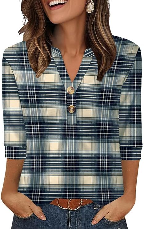 OFEEFAN Womens Tops 3/4 Sleeve Henley Shirts for Women Summer Outfits Fashion Clothing