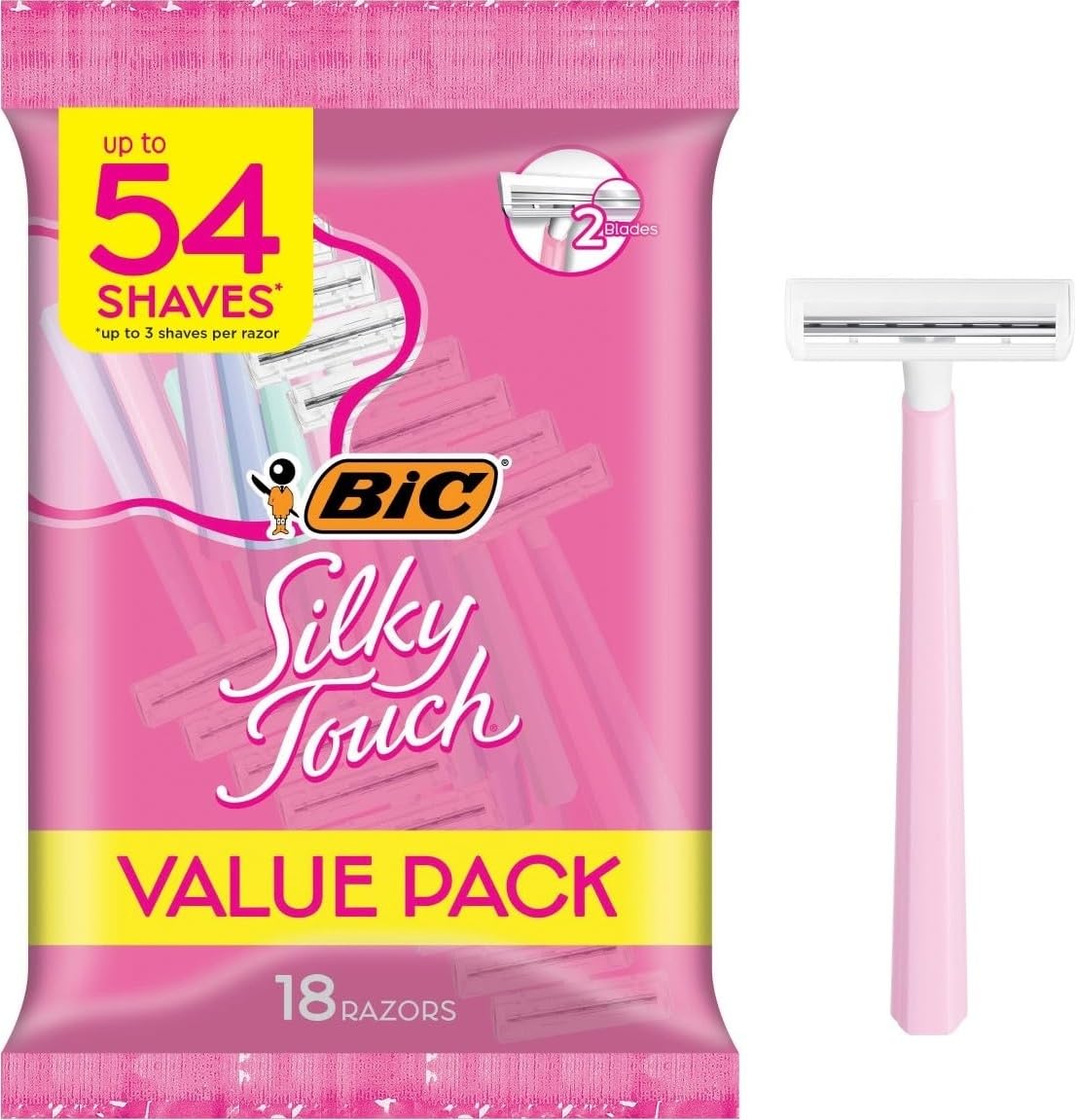 BIC Silky Touch Women's Disposable Razors, With 2 Blades, Pretty Pastel Razor Handles, 10 Count Pack of Shaving Razors