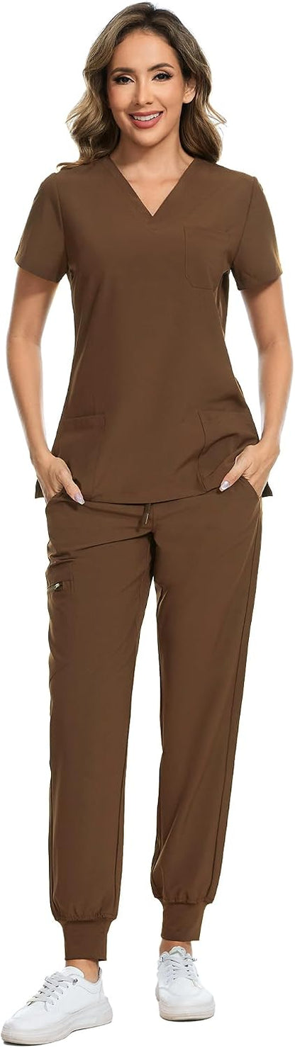 COZYFIT Scrubs for Women Set - Stretch V-Neck & Jogger Pant with 9 Pockets
