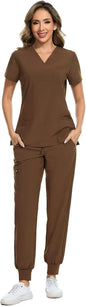 COZYFIT Scrubs for Women Set - Stretch V-Neck & Jogger Pant with 9 Pockets