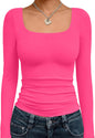 Trendy Queen Womens Square Neck Long Sleeve Shirts Double Lined Fall Tops