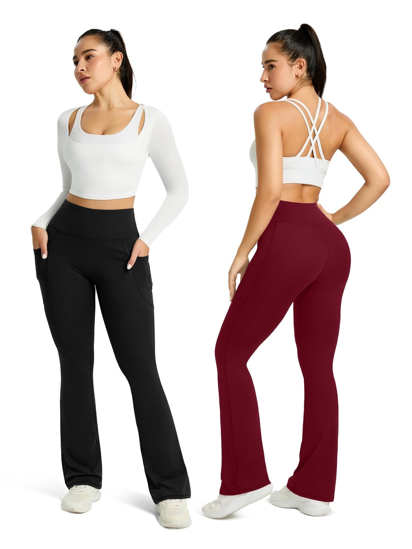 Womens Flared Yoga Pants with Pockets, High Waisted Flare Leggings Bell Bottom Bootcut Yoga Dress Pants