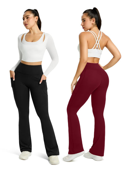 Womens Flared Yoga Pants with Pockets, High Waisted Flare Leggings Bell Bottom Bootcut Yoga Dress Pants