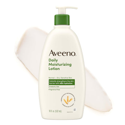 Aveeno Daily Moisturizing Body Lotion for Normal to Dry Skin, Moisturizer with Soothing Prebiotic Oat, Non Greasy, Non Comedogenic, Fragrance Free Body Lotion for Women & Men, 18 Fl Oz