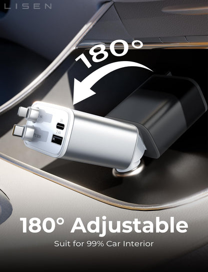 LISEN Retractable Car Charger, 84W Car Charger USB C Fast Charge, 4 in 1