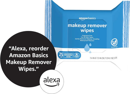 Amazon Basics Makeup Remover Wipes, Fragrance-Free, Alcohol-Free, Gentle Cleansing, Plant-Based, Dermatologist Tested, Removes Waterproof Mascara, Resealable, 25 Count, 1-Pack