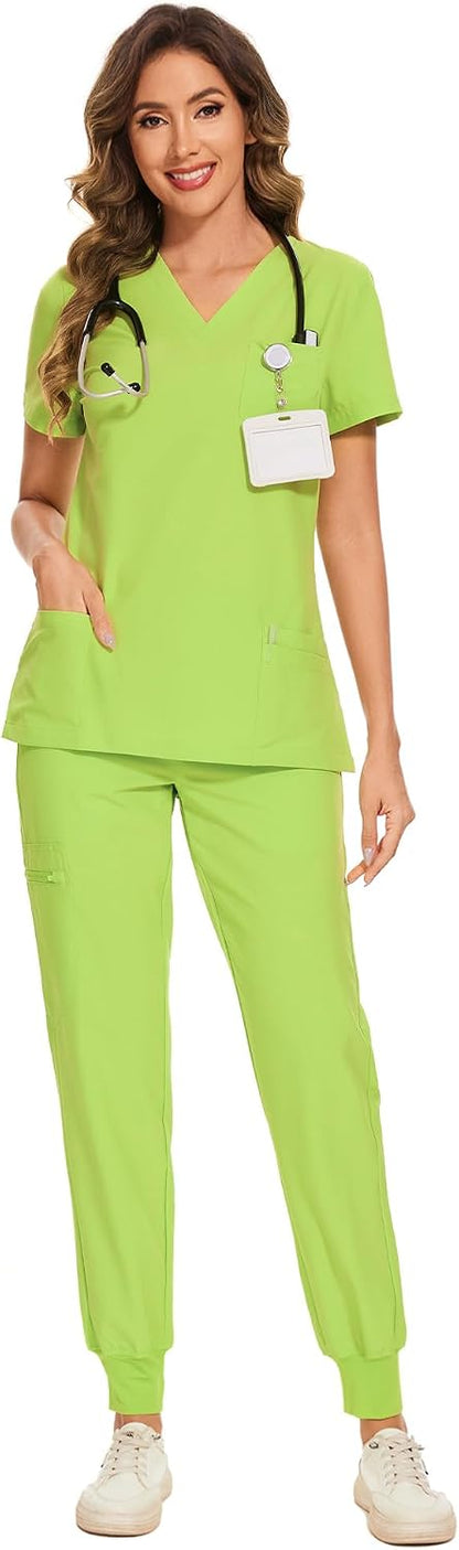 COZYFIT Scrubs for Women Set - Stretch V-Neck & Jogger Pant with 9 Pockets
