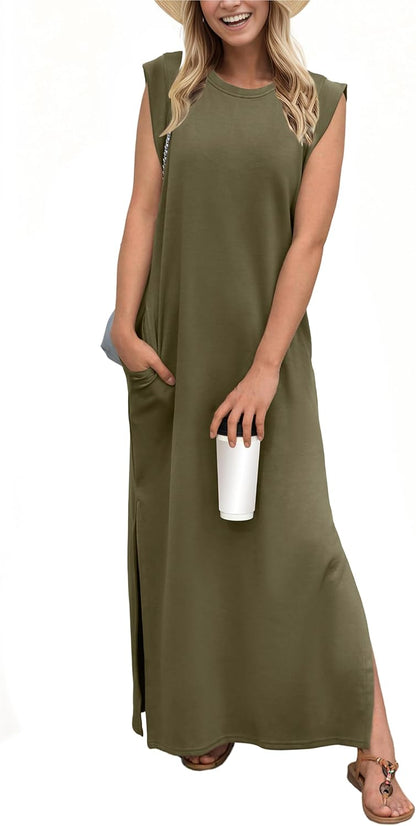 GRECERELLE 2026 Women Year-Round Casual Round Neck Loose Split Wrinkle-Free Long Maxi Vacation Dress with Pockets (XXS-4XL)