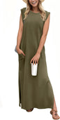 GRECERELLE 2026 Women Year-Round Casual Round Neck Loose Split Wrinkle-Free Long Maxi Vacation Dress with Pockets (XXS-4XL)