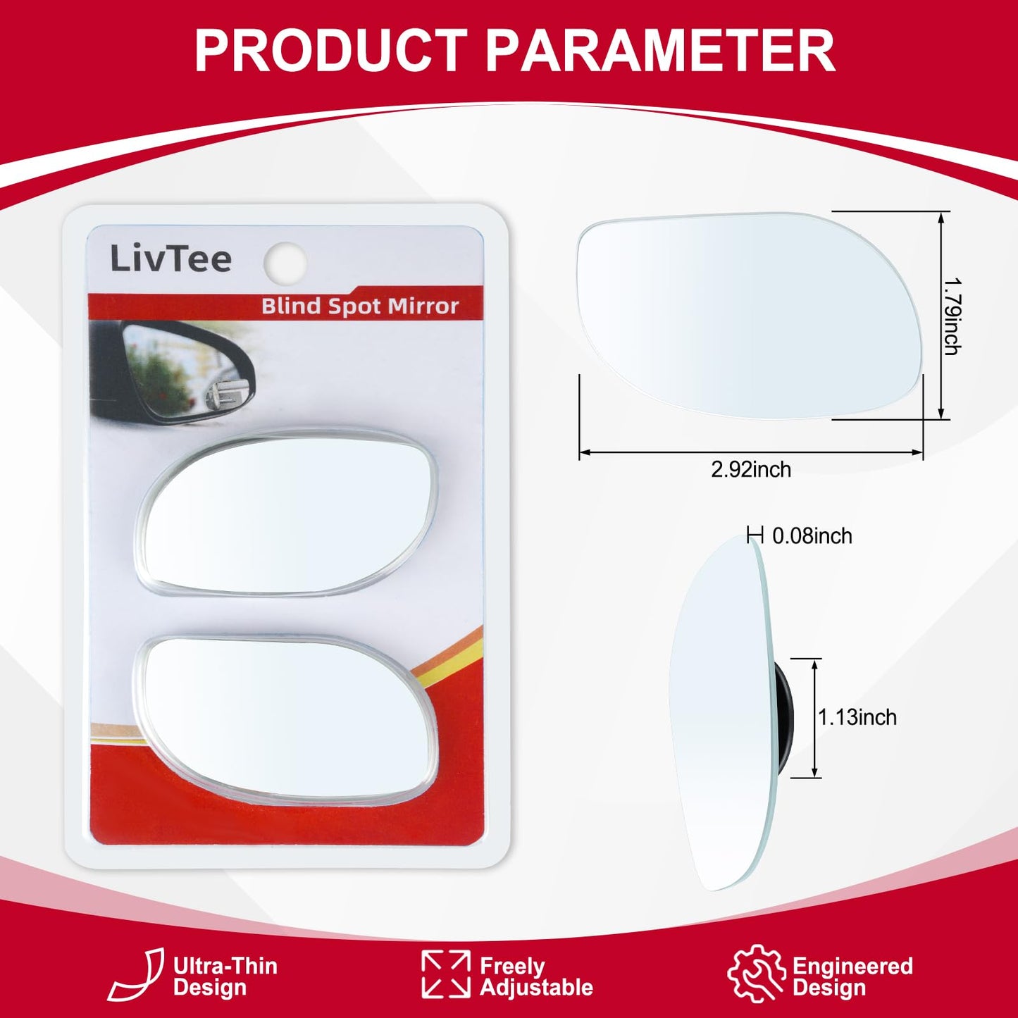 LivTee Blind Spot Mirror, 2" Round HD Glass Frameless Convex Rear View Mirrors Exterior Accessories with Wide Angle Adjustable Stick for Car SUV and Trucks, Pack of 2
