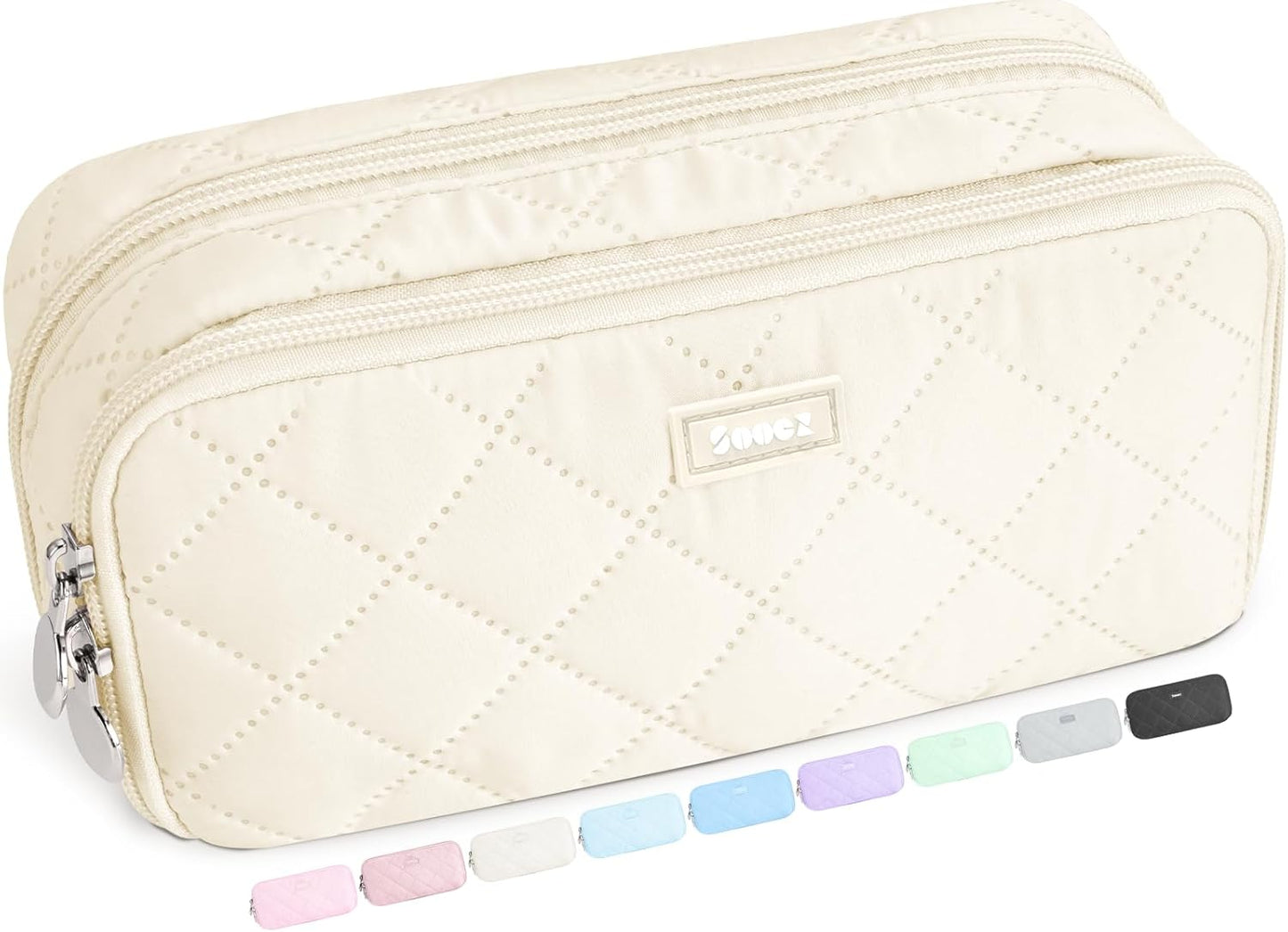 Sooez Large Pencil Case Pouch, Extra Big Pencil Bag with 8 Compartments, Pen Bag Wide Opening, Soft Quilted Pencil Pouch Organizer with Zipper, Portable Pencil Case for Teen Girls, Beige