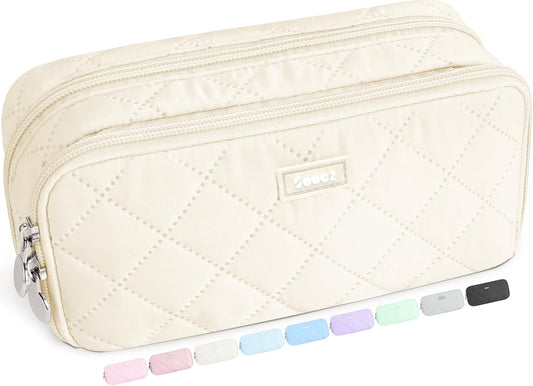 Sooez Large Pencil Case Pouch, Extra Big Pencil Bag with 8 Compartments, Pen Bag Wide Opening, Soft Quilted Pencil Pouch Organizer with Zipper, Portable Pencil Case for Teen Girls, Beige