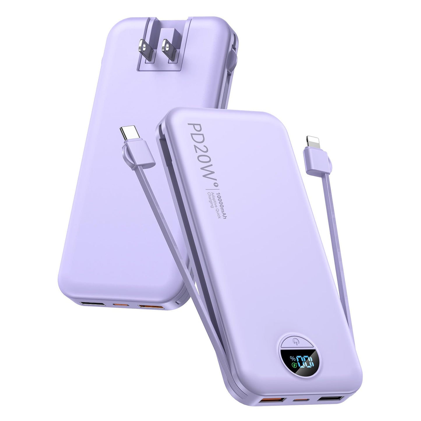 citicr Portable Charger 10000mAh PD20W w/Built-in Cables & Wall Plug White