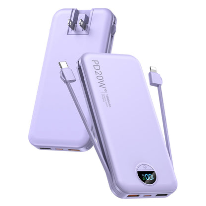 citicr Portable Charger 10000mAh PD20W w/Built-in Cables & Wall Plug White