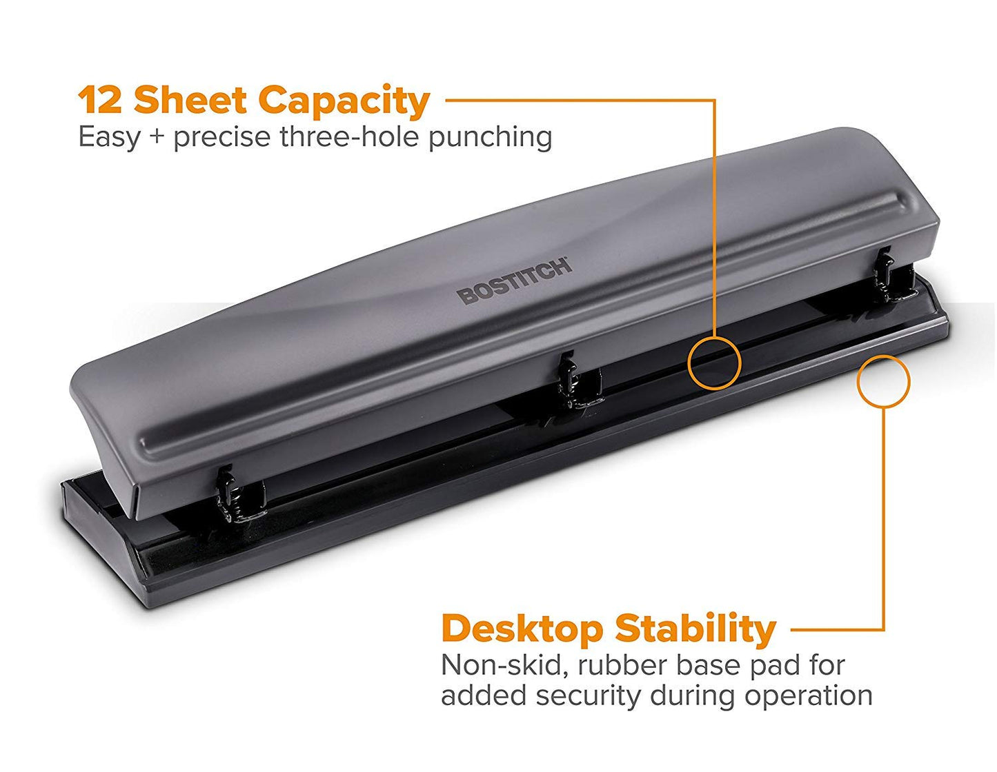 Bostitch Office Premium 3 Hole Punch, 12 Sheet Capacity, Metal, Rubber Base, Easy-Clean Tray, Silver