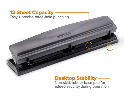 Bostitch Office Premium 3 Hole Punch, 12 Sheet Capacity, Metal, Rubber Base, Easy-Clean Tray, Silver