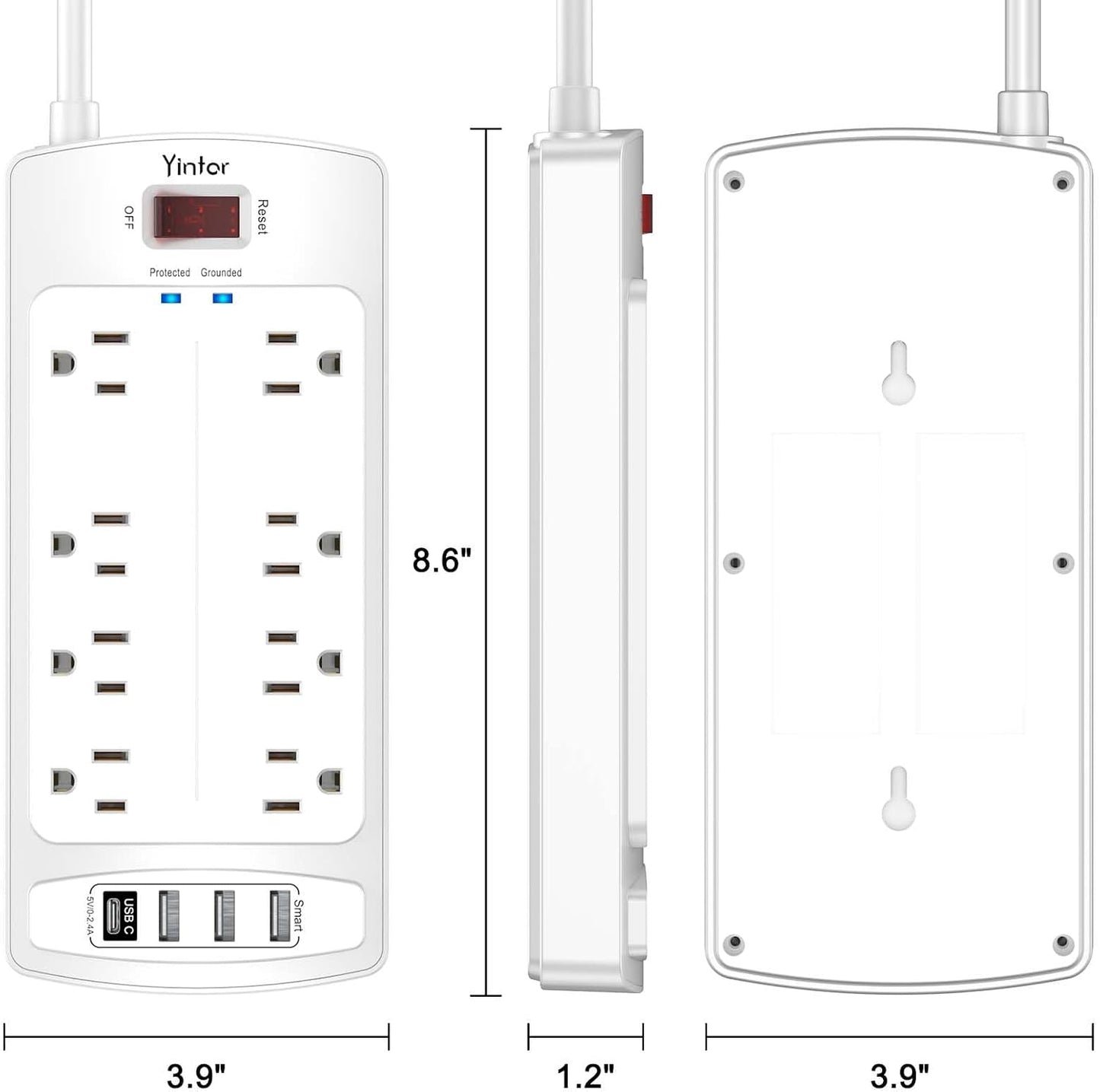 Yintar 6Ft Surge Protector Power Strip with 8 Outlets and 4 USB Ports