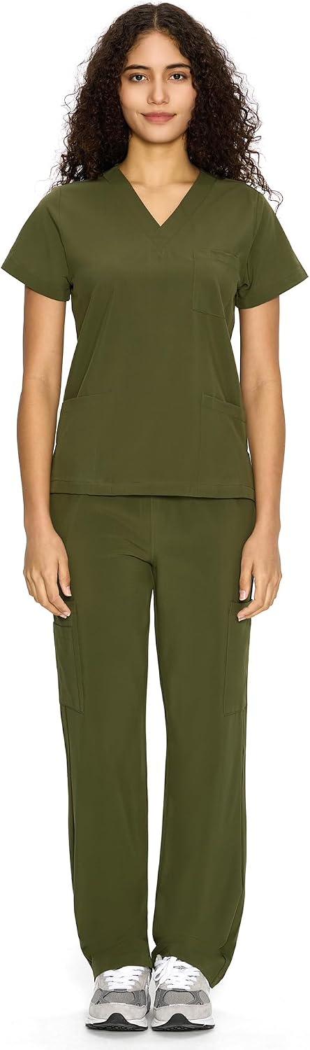 COZYFIT Scrubs for Women Set - V-Neck & Straight Leg Pants with 9 Pockets