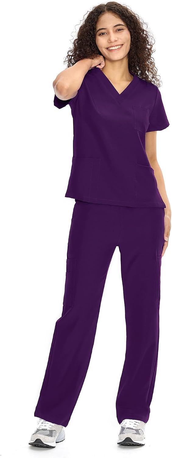 COZYFIT Scrubs for Women Set - V-Neck & Straight Leg Pants with 9 Pockets