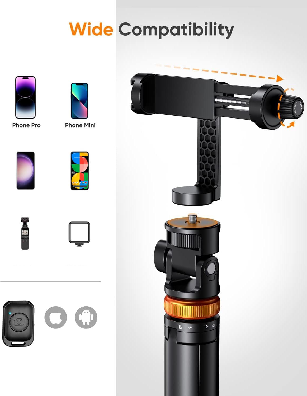 EUCOS 62" Tripod for iPhone, Sturdy Selfie Stick Tripod with Remote & Lightweight Phone Stand, Solidest Portable Cell Phone Tripod, Compatible iPhone Pro Max/Android [White]