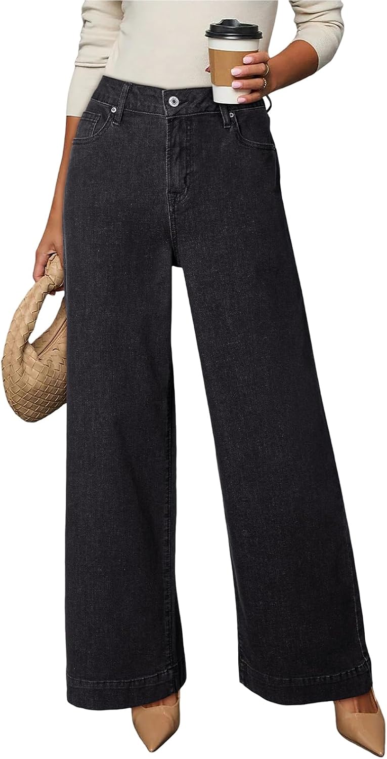 Dokotoo Women's Casual High Waisted Jeans Stretch Wide Leg Loose Denim Pant